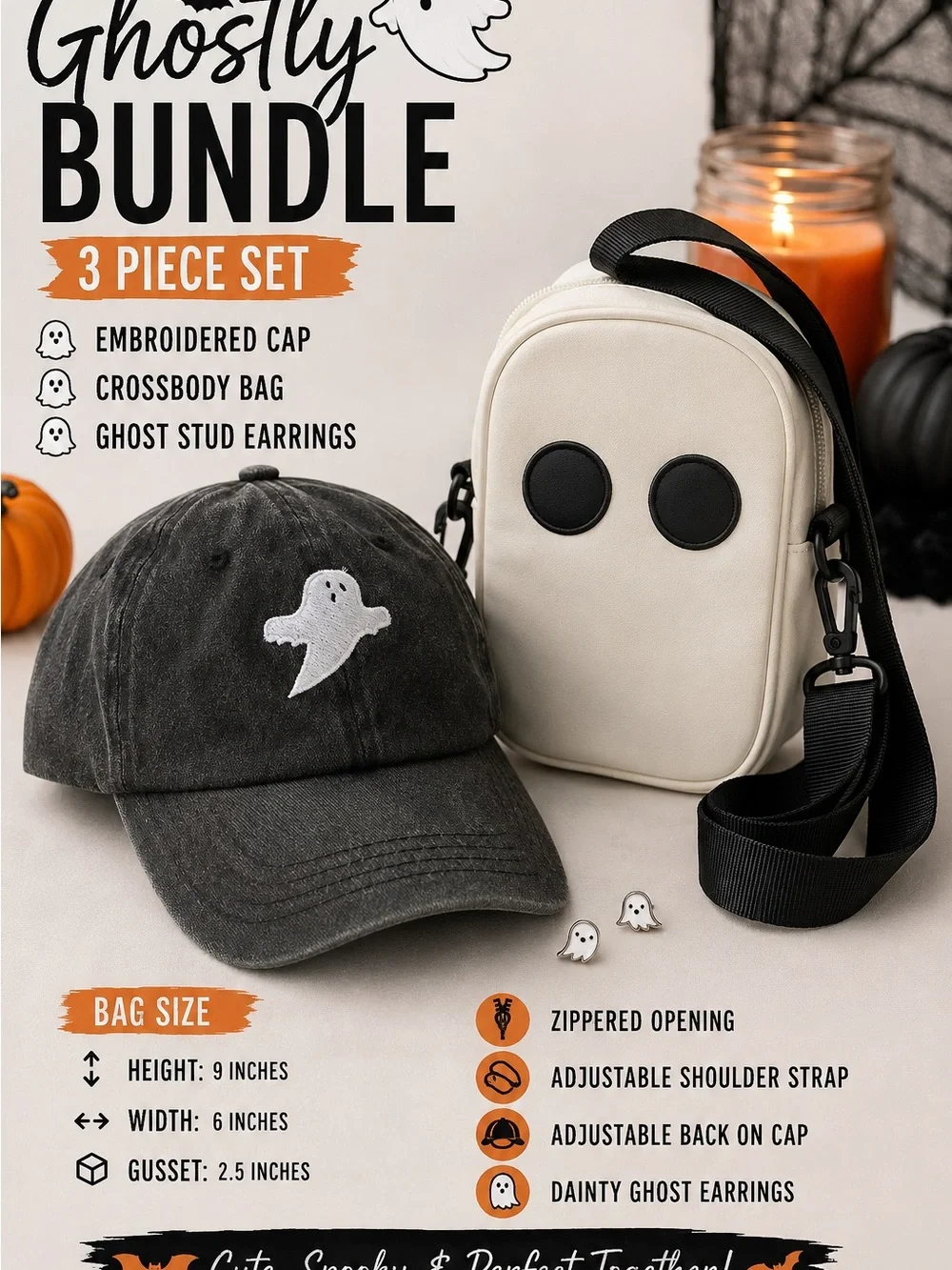 Kids Ghost-Themed Accessories Set - Cream Crossbody Bag & Black Cap